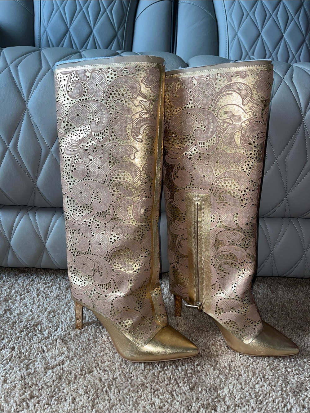 Jessica Simpson Gold Metallic Laser-Cut Knee-High Heeled Boots